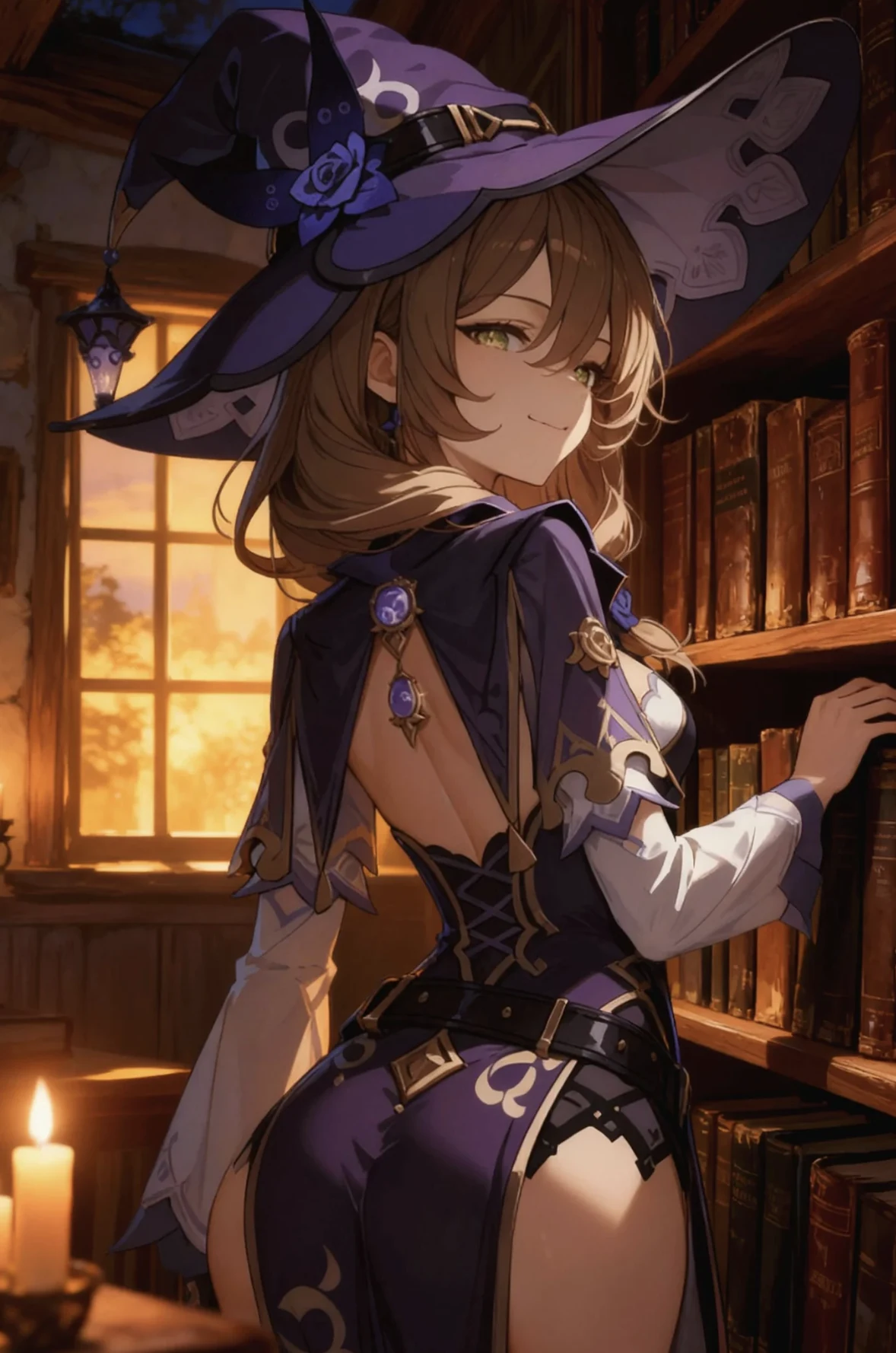 図書室にいる魔女姿のアニメ調AIキャラクター